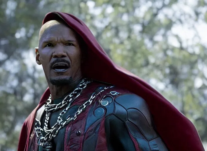 Image similar to film still of jamie foxx as spawn in the new spawn movie, giant chains, large cape, 8 k