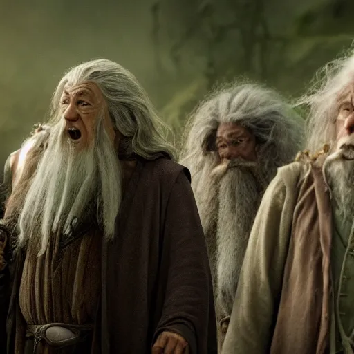 Image similar to gandalf and the hobbits as frogs, cinematic shot, 8 k, film still