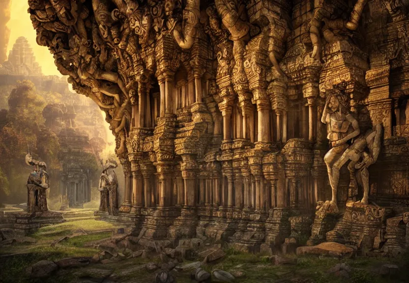 Prompt: epic cinematic mythological inspired artwork by yuvrajimaginaria. 8k 3d fractalbased figurative fantasy art. Landscape combined with a portrait. Reminds to angkor wat. Beautifully lit. Hyperdetailed maximalist. Realistic render