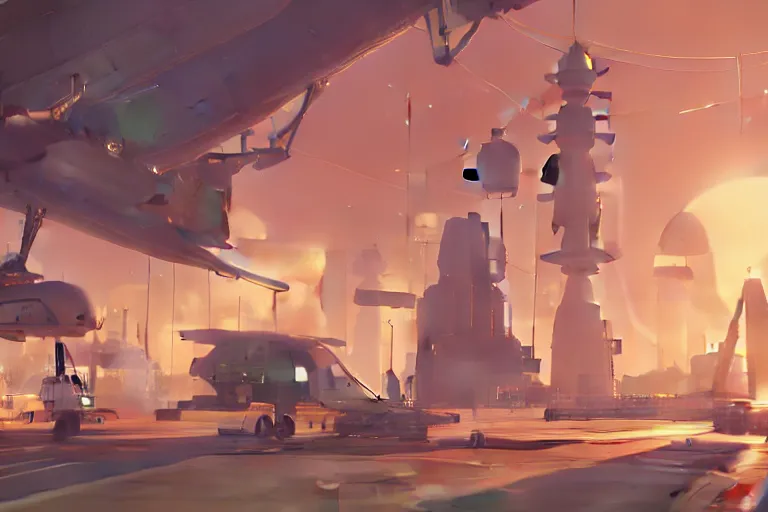 Image similar to spaceship repair yard, cory loftis, james gilleard, atey ghailan, makoto shinkai, goro fujita, studio ghibli, rim light, exquisite lighting, clear focus, very coherent, plain background, soft painting