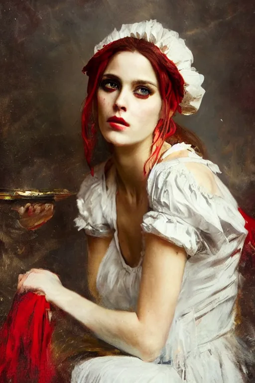 Image similar to Solomon Joseph Solomon and Richard Schmid and Jeremy Lipking victorian genre painting full length portrait painting of a young beautiful woman traditional german french actress model pirate wench in fantasy costume, red background