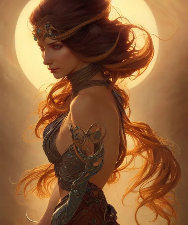 Image similar to fantasy magic woman portrait, sci-fi, amber eyes, face, long hair, fantasy, intricate, elegant, highly detailed, digital painting, artstation, concept art, smooth, sharp focus, illustration, art by artgerm and greg rutkowski and alphonse mucha