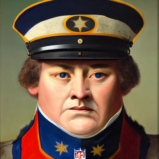 Prompt: facial portrait of nfl detroit lions dictator, military uniform, 1 8 3 4, oil on canvas by william sidney mount, oil on canvas, octane render