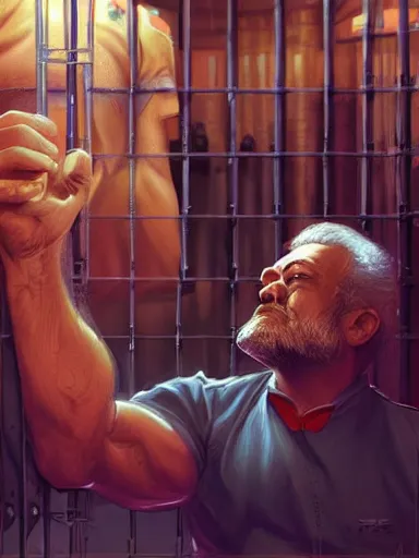 Image similar to luiz inacio lula da silva behind bars in jail. intricate, elegant, highly detailed, digital painting, artstation, concept art, sharp focus, illustration, by justin gerard and artgerm, 8 k