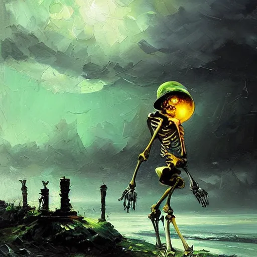 Image similar to A highly detailed oil painting by Greg Rutkowski and Afremov of a skeleton wearing a black cloak making a potion glowing bright green in a huge bubbling cauldron.