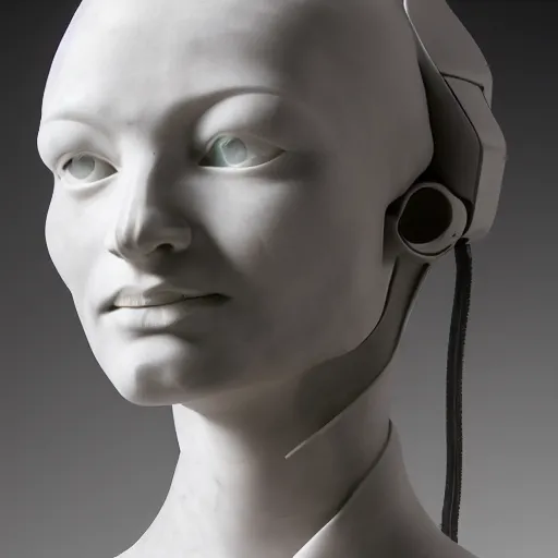 Image similar to a head and shoulders portrait of a female cyborg in her 20s, sculpture made of marble and aluminum, studio photography, cyberpunk lighting