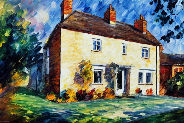 Prompt: cyberpunk, an estate agent listing photo, external view of a 5 bedroom detached countryside house in the UK, summer, sunny day, by Leonid Afremov