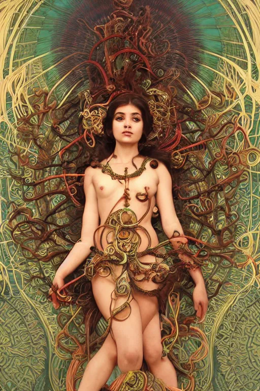 Prompt: an immaculate render of a tribal goddess adorned with leaves and cables and bird wings posing in a temple surrounded by wild tentacles made from mandalas and incense smoke, full body, perfect face, powerful, cinematic, beautifully lit, by artgerm, by alphonse mucha, by karol bak, 3 d, trending on artstation, octane render, 8 k