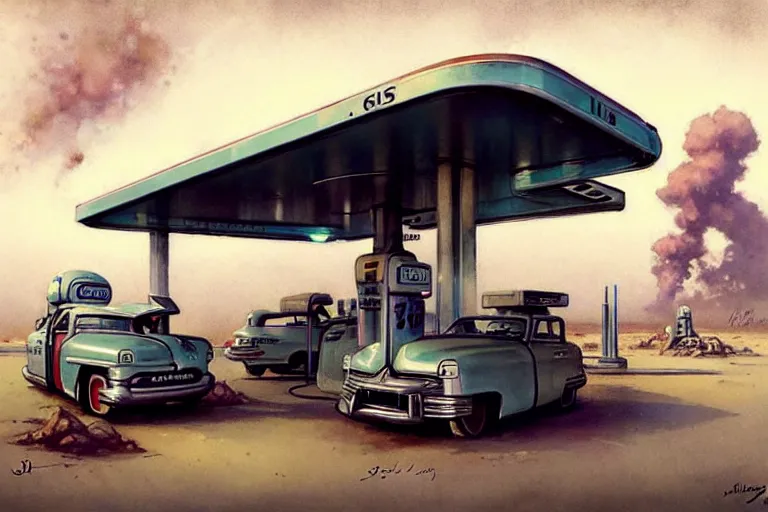 Prompt: ( ( ( ( ( 1 9 5 0 s retro science fiction gas station. muted colors. ) ) ) ) ) by jean - baptiste monge!!!!!!!!!!!!!!!!!!!!!!!!!!!!!!