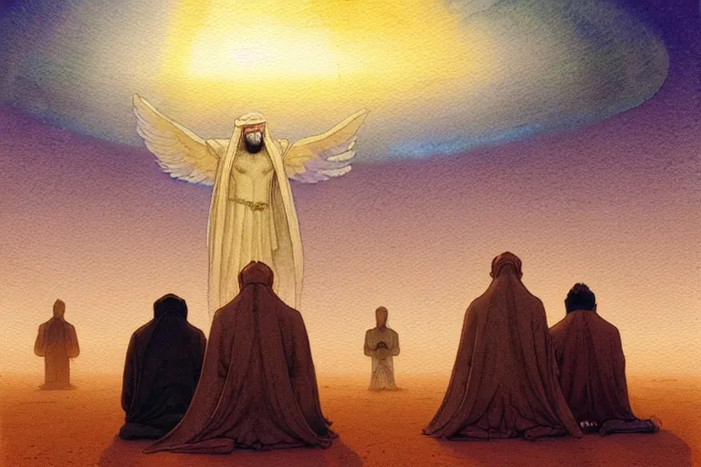 Image similar to a hyperrealist watercolour character concept art portrait of a group of middle eastern men kneeling down in prayer in front of a giant angel on a misty night in the desert. a ufo is in the background. by rebecca guay, michael kaluta, charles vess and jean moebius giraud