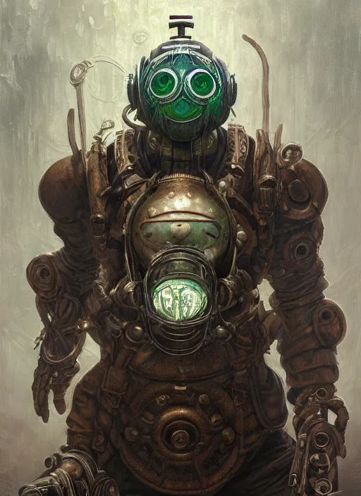 Image similar to bioshock big daddy mf doom reptile eyes, rusty skin. intricate, elegant, highly detailed, centered, digital painting, artstation, concept art, smooth, sharp focus, illustration, artgerm, tomasz alen kopera, peter mohrbacher, donato giancola, joseph christian leyendecker, wlop, frank frazetta