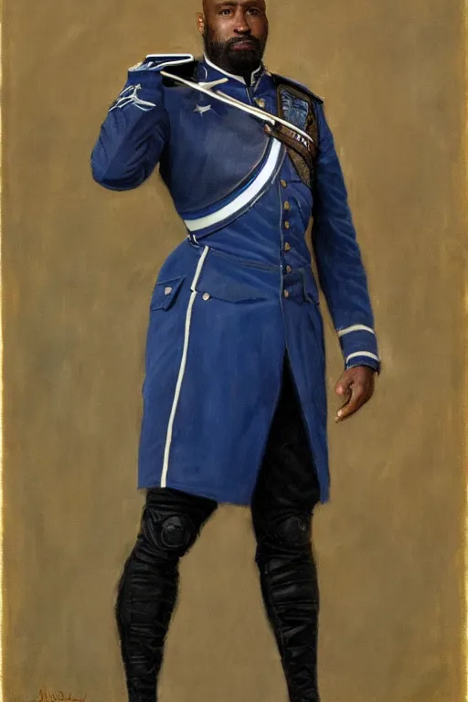 Image similar to full body portrait of the dictator of the orlando magic, 1 8 8 9, in full military garb, magic blue, silver, and black, shaquile o'neil, oil on canvas by william sidney mount, trending on artstation