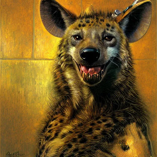 Image similar to portrait of a male hyena wolf wearing towel in front of a bath. shadowrun furaffiniy cyberpunk fantasy highly detailed painting by gaston bussiere craig mullins jc leyendecker gustav klimt artgerm greg rutkowski john berkey, bergey, craig mullins, ruan jia, raymond swanland, jeremy mann, tom lovell, alex malveda