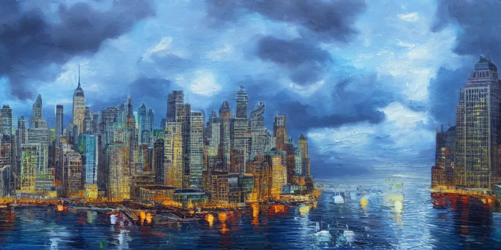 Prompt: NYC on a tropical island, cinematic lighting, detailed oil painting, hyperrealistic, 8k