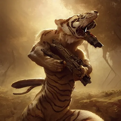 Image similar to a award winning commission of an amthro albino soldier tiger shooting,digitalt art,hyperdetailed,photorealistic,art by greg rutkowski,character design by charles bowater,ross tran,deviantart,artstation,high detailed,cinematic,movie scene,cool,detailed face