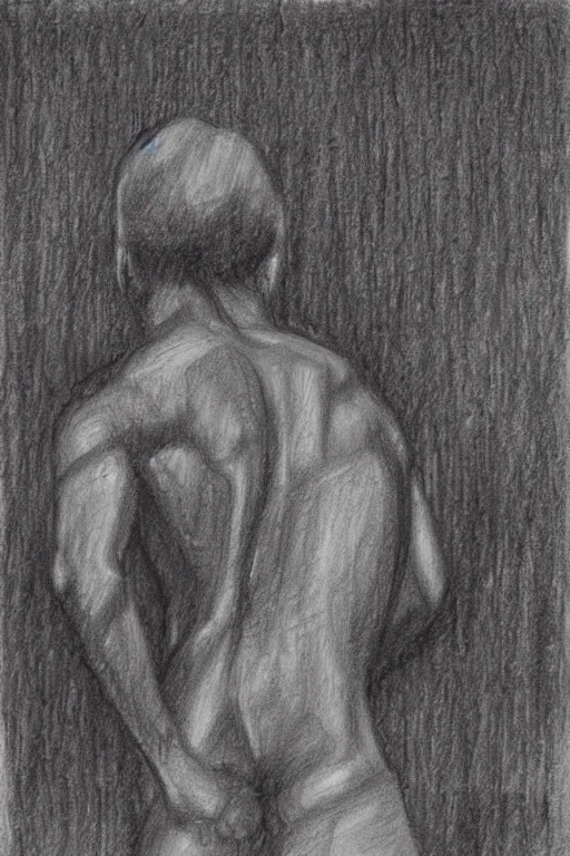 Image similar to the drawn man looks out into the black endless distance in the rain. pencil sketch