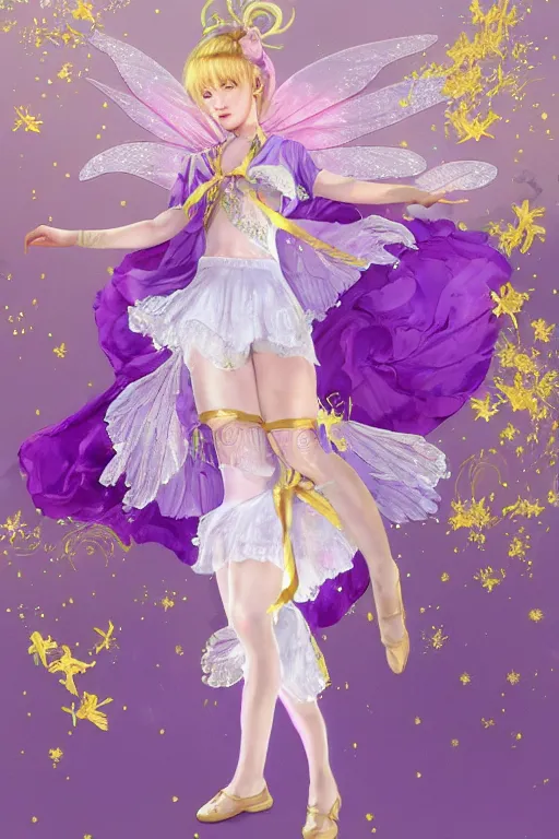 Image similar to Full View fairy maiden with short blond hair wearing an oversized purple Beret, Baggy Purple overall shorts, Short Puffy pants made of silk, silk shoes, a big billowy scarf, Golden Ribbon, and white leggings Covered in stars. covered in embroidery. Short Hair. peasant magic. Rhythmic gymnastics poses. masterpiece 4k digital illustration by Ruan Jia and Mandy Jurgens and Artgerm and william-adolphe bouguereau and greg rutkowski , award winning, Artstation, art nouveau aesthetic, Alphonse Mucha background, intricate details, realistic, panoramic view, Hyperdetailed, 8k resolution, intricate art nouveau