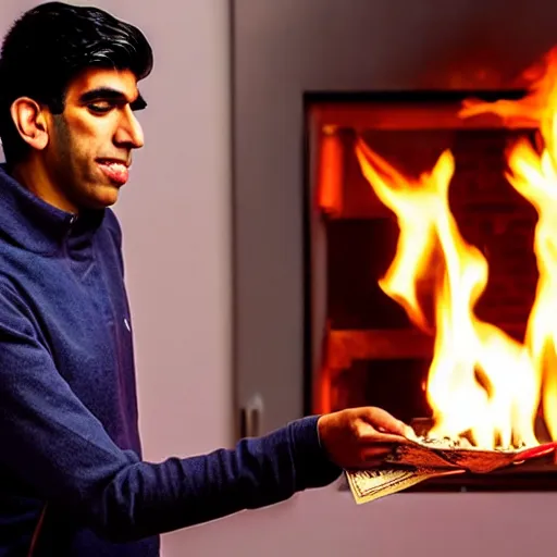 Prompt: photo of rishi sunak throwing money into a fire in a cold house