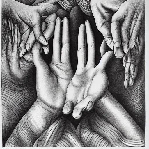 Prompt: A human hand drawing by Escher and Bach