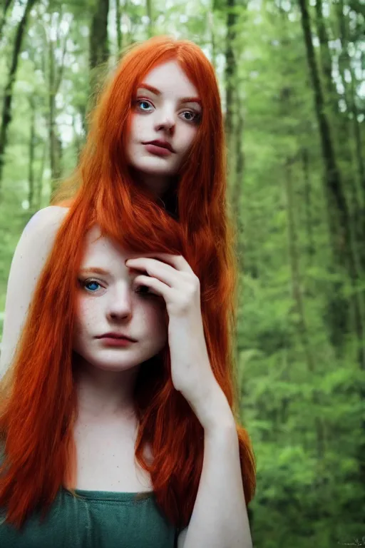 Prompt: close-up portrait of a red-haired girl 20 years old with freckles, green eyes, natural beauty in a magical gloomy forest among fireflies, 35mm photo, high quality, 4K, 8K, realistic, perfect eyes, perfect face, beautiful, detailed, 8k resolution, Kodak 35mm