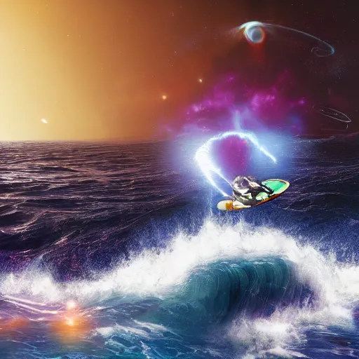 Image similar to photo of a alien surfing a surfboard on a crashing l wave of alien ocean in space, background is an alien galaxy, aliens in the background, alien colors, octane render, unreal engine, wide view, 8 k, high detaild