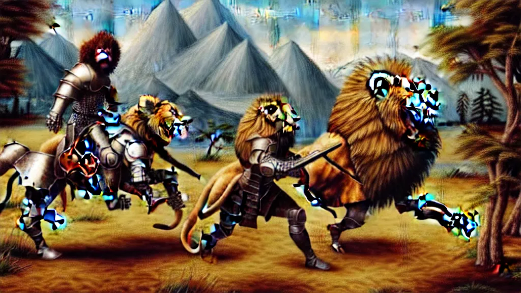 Image similar to fully armored knight wielding an automatic weapon fighting a lion in a medieval setting, painted by bob ross