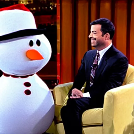 Prompt: Jimmy Kimmel interviewing Frosty the Snowman, tv show, television,