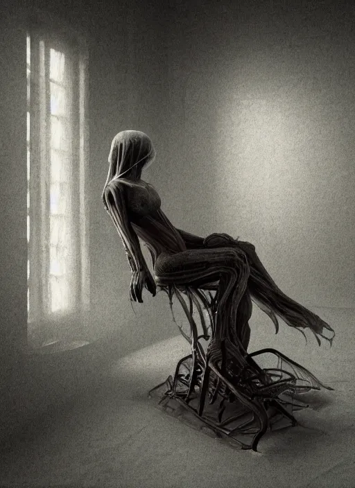 Image similar to a woman sitting in a chair in a dark room, a detailed matte painting by giger, trending on cgsociety, video art, tesseract, rendered in unreal engine