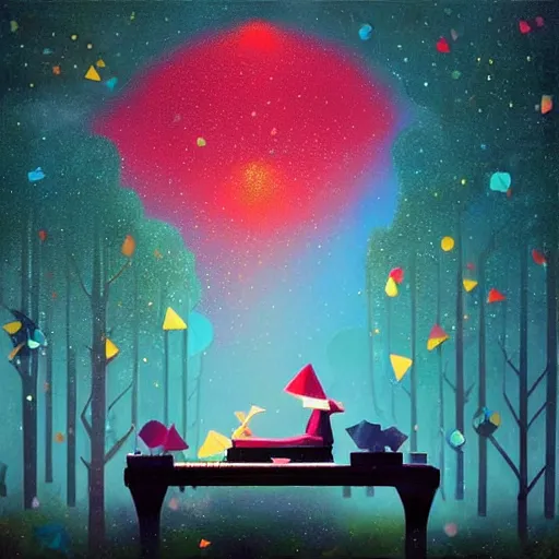 Image similar to low poly, pixar, la pianista Elesky tocando su piano en un surreal hybrid animals, nostalgia for a fairytale, magic realism, flowerpunk, mysterious vivid colors by andy kehoe and amanda clarke en un mundo de Gediminas Pranckevicius