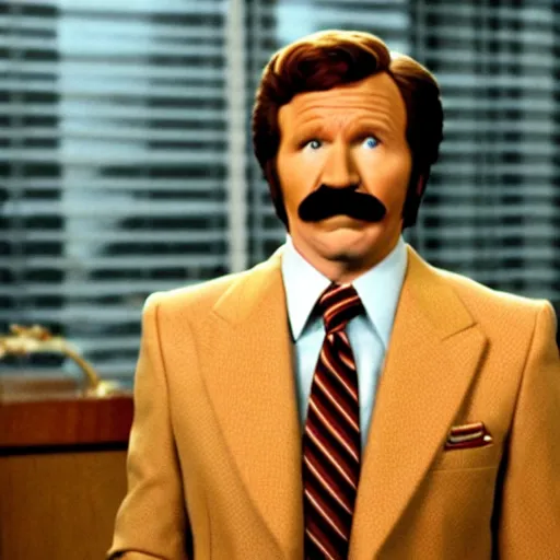 Image similar to a movie still of Alex Trebeck as Ron Burgundy in the movie Anchorman