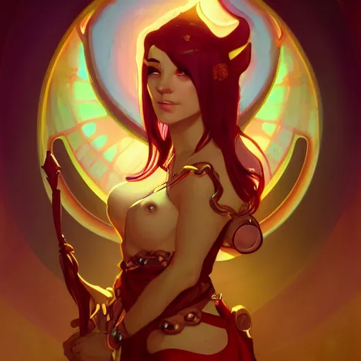 Image similar to Draenei Priestess, ambient lighting, 4k, alphonse mucha, lois van baarle, ilya kuvshinov, rossdraws, artstation