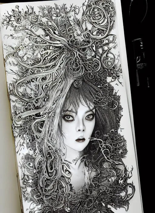 Image similar to glowing silver and golden elements, full close-up portrait, A beautiful dark witch in front of the full big moon, book cover, green forest, red white black colors, establishing shot, extremly high detail, foto realistic, cinematic lighting, pen and ink, intricate line drawings, by Yoshitaka Amano, Ruan Jia, Kentaro Miura, Artgerm, post processed, concept art, artstation, matte painting, style by eddie, raphael lacoste, alex ross