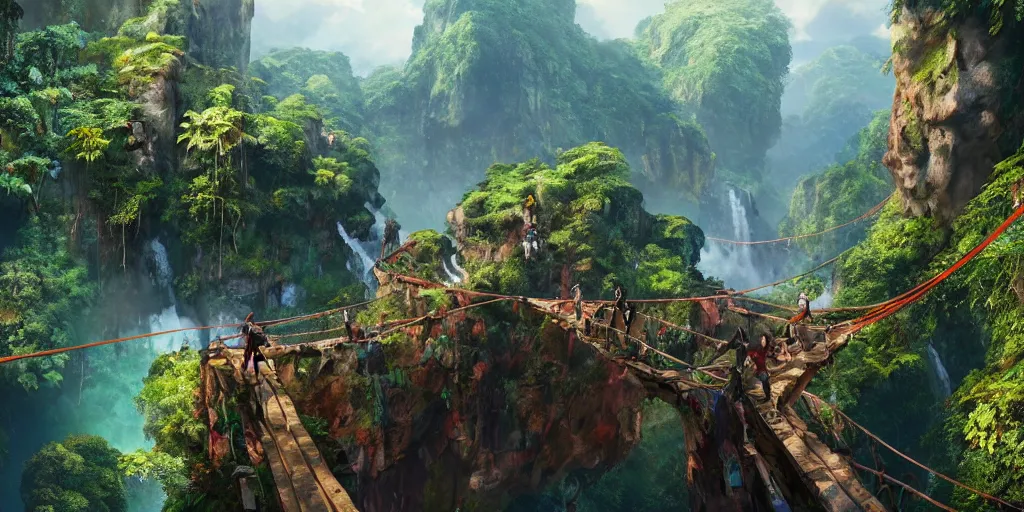 Image similar to wide angle view of colorful clothing fashion models crossing a suspended rope bridge over a deep canyon, mountainous jungle setting, trees, waterfall, river, rocks, dramatic lighting, highly detailed, artstation, unreal engine, matte painting in the style of craig mullins, Uncharted 4, fish eye lens, 8k HDR