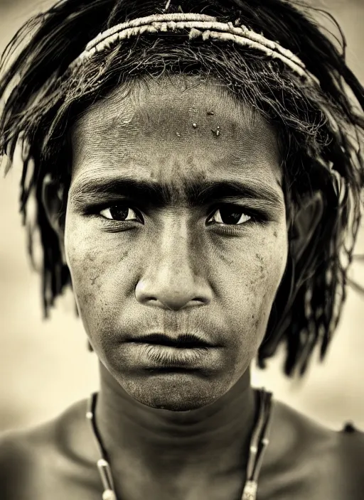 Image similar to Award winning Editorial photo of a Native Nauruans with incredible hair and beautiful hyper-detailed eyes wearing traditional garb by Lee Jeffries, 85mm ND 5, perfect lighting, gelatin silver process