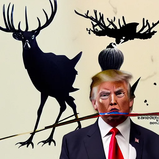 Prompt: crows poking donald trump in the eye and a deer spiking his legs