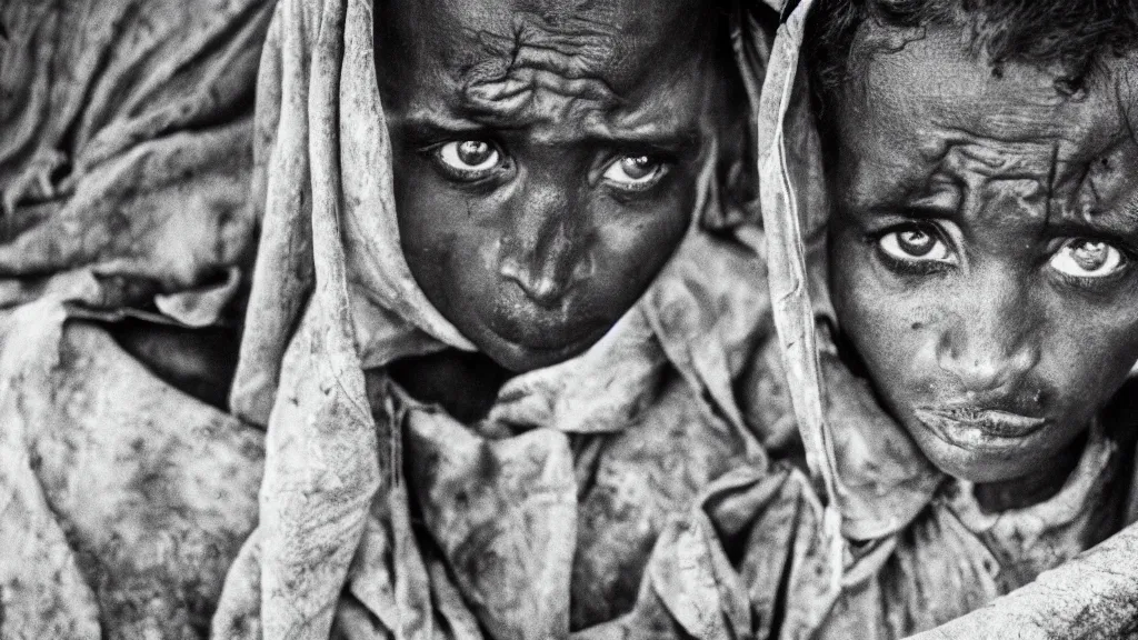 Image similar to 1984 Ethiopian famine and drought, moody, dark, portrait picture, movie scene, hd, 4k