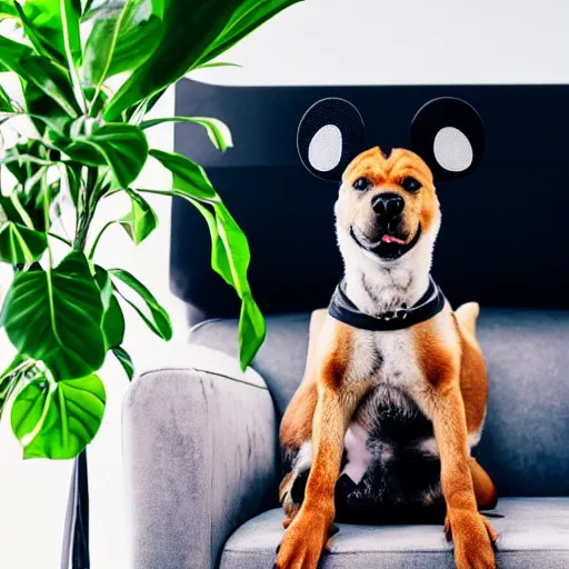 Image similar to a dog that looks like mickey mouse, white face, black body, black nose, black sharp ears, sitting down on a sofa, house plants in the background, indoors, dim light, photograph, 4 k, shot on iphone