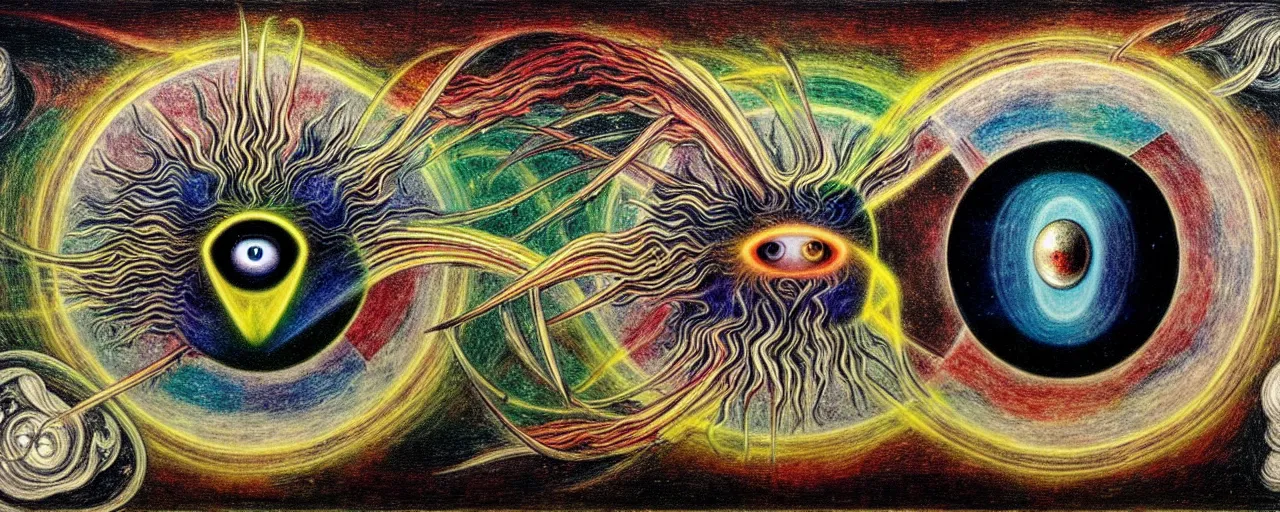 Image similar to a strange bifrost creature with endearing eyes radiates a unique canto'as above so below'while being ignited by the spirit of haeckel and robert fludd, breakthrough is iminent, glory be to the magic within, in honor of saturn, painted by ronny khalil