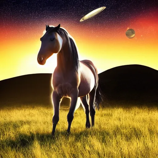 Image similar to realistic photograph of a horse standing in a field with Saturn in the sky, sunset lighting, high quality