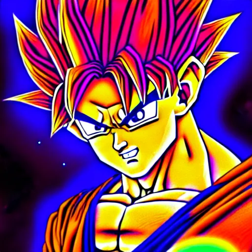 Image similar to An extremely psychedelic portrait of Goku, surreal, LSD, face, detailed, intricate, elegant, lithe, highly detailed, digital painting, artstation, concept art, smooth, sharp focus, illustration