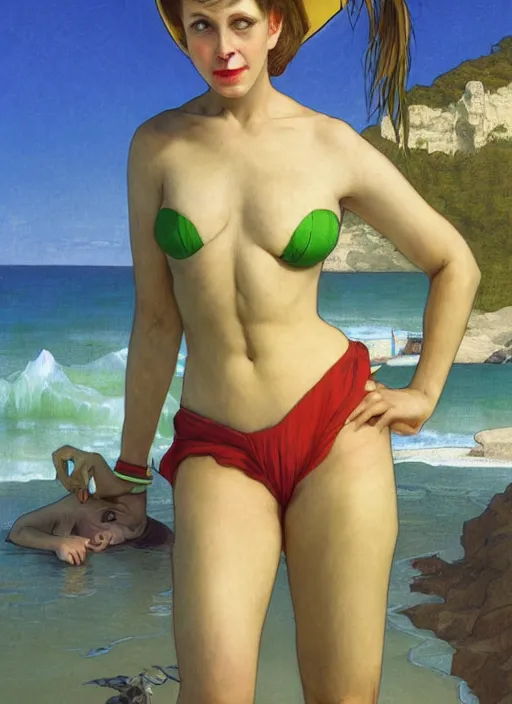 Prompt: portrait Beetlejuice green as sea lifeguard on the beach, full length shot, shining, 8k highly detailed, sharp focus, illustration, art by artgerm, mucha, bouguereau