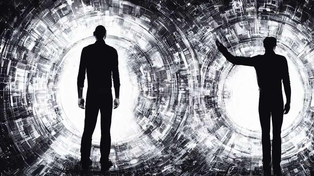 Prompt: movie scene of a man standing in front of a multiverse machine, movie still, cinematic composition, cinematic light, by andrzej zuławski