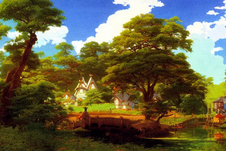Image similar to peaceful village landscape, studio ghibli, anime background, lively colors, art by albert bierstadt
