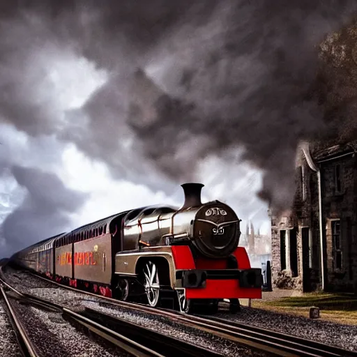 Image similar to the hogwarts express jacobite steam train, the train is coming at the camera, loads of steam, dramatic light, night scene, greg rutkowski, zabrocki, karlkka, jayison devadas, trending on artstation, 8 k, ultra wide angle, zenith view, pincushion lens effect