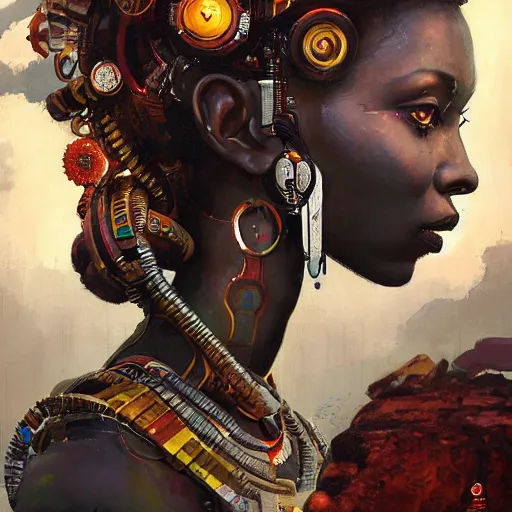 Prompt: an african queen activating her robotic third eye by greg rutkowski and android jones, cyberpunk voodoo, oil on canvas