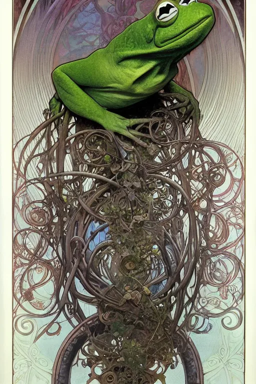 Prompt: realistic detailed face portrait of Kermit the Frog by Alphonse Mucha, Ayami Kojima, Amano, Charlie Bowater, Karol Bak, Greg Hildebrandt, Jean Delville, and Mark Brooks, Art Nouveau, Neo-Gothic, gothic, rich deep moody colors