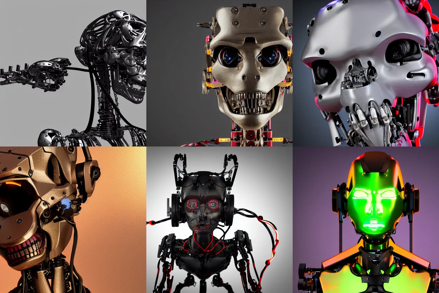 Prompt: boston dynamics humanoid robot came alive today. he is angry. closeup, depth of field. highly detailed skull, red neon eyes, cables and mechanical brain visible. intricate, unbelievable. octane 3 d, v - ray and unreal engine render. professional product head shot, full of shiny metallic parts.