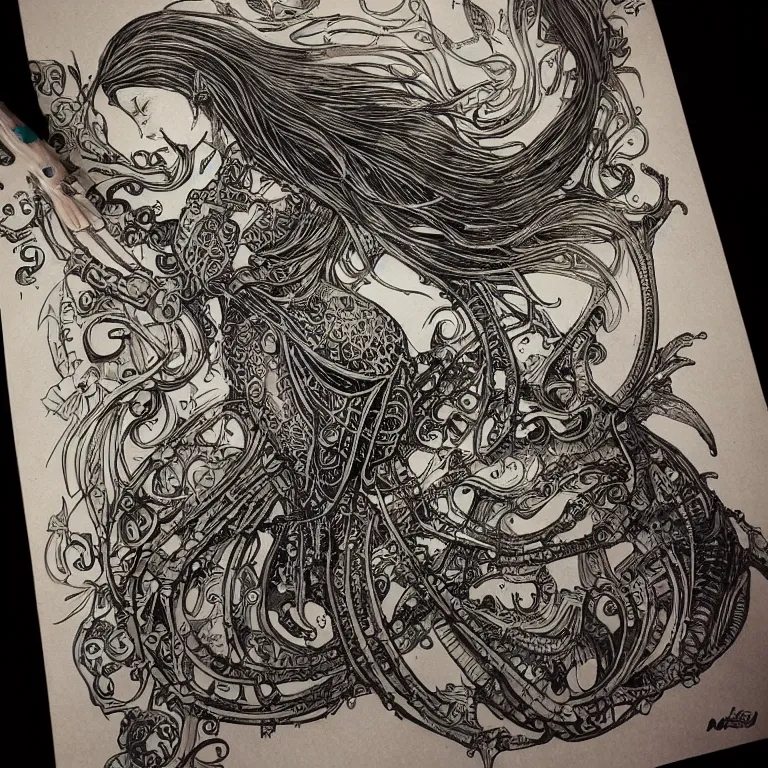 Image similar to ultra realistic illustration of a mermaid cyborg steampunk art nouveau filgree scrollwork, masterpiece, intricate, highly detailed, sharp