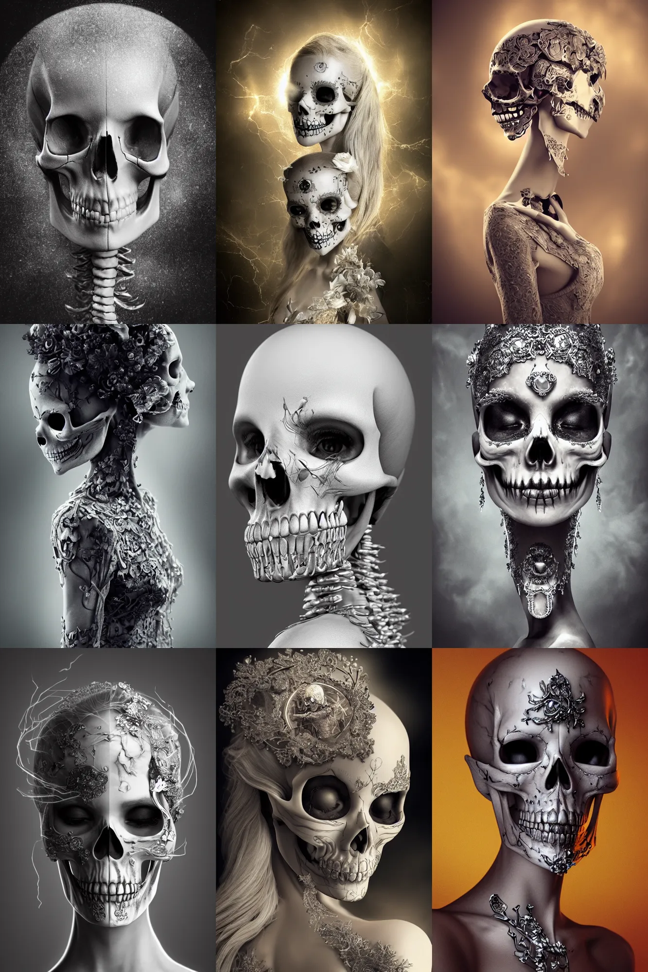Prompt: dream a beautiful young skull princesse, skull face, skeletton, silver hair, eclipse aura on back, closed eyes, detailed portrait, intricate complexity, symmetrical eyes and body, portrait, atmospheric, postprocessing, medium shot, elegant pose, VFX, editorial photo, HD, golden ration, cinematic lightning, octane render, unreal engine, 8k, ine the style of Artgerm, Kazuki Tanahashi, and WLOP, quixel megascan