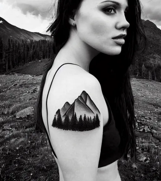 Image similar to a beautiful woman against a background of beautiful mountains and nature, realism tattoo design, in the style of den yakovlev, black and white, hyper realistic, highly detailed